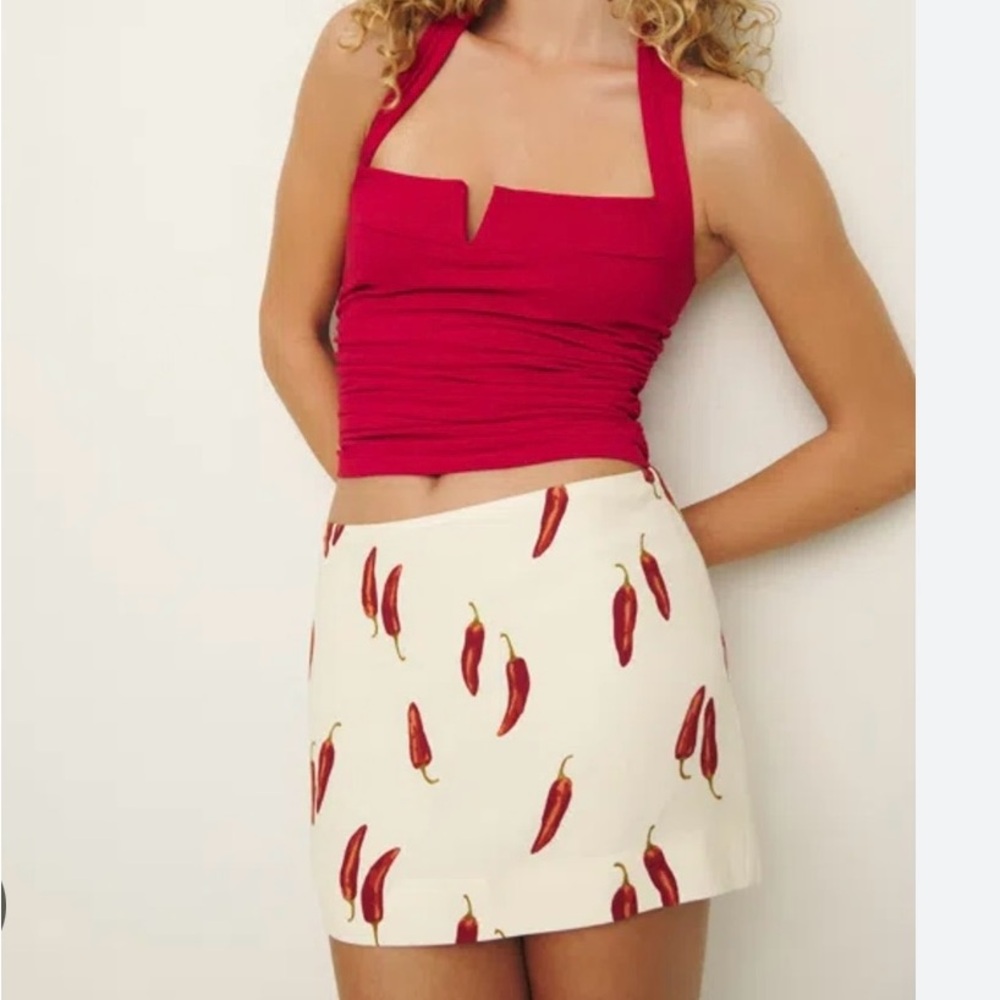 Reformation Cream Mini Skirt with Red Chili Print